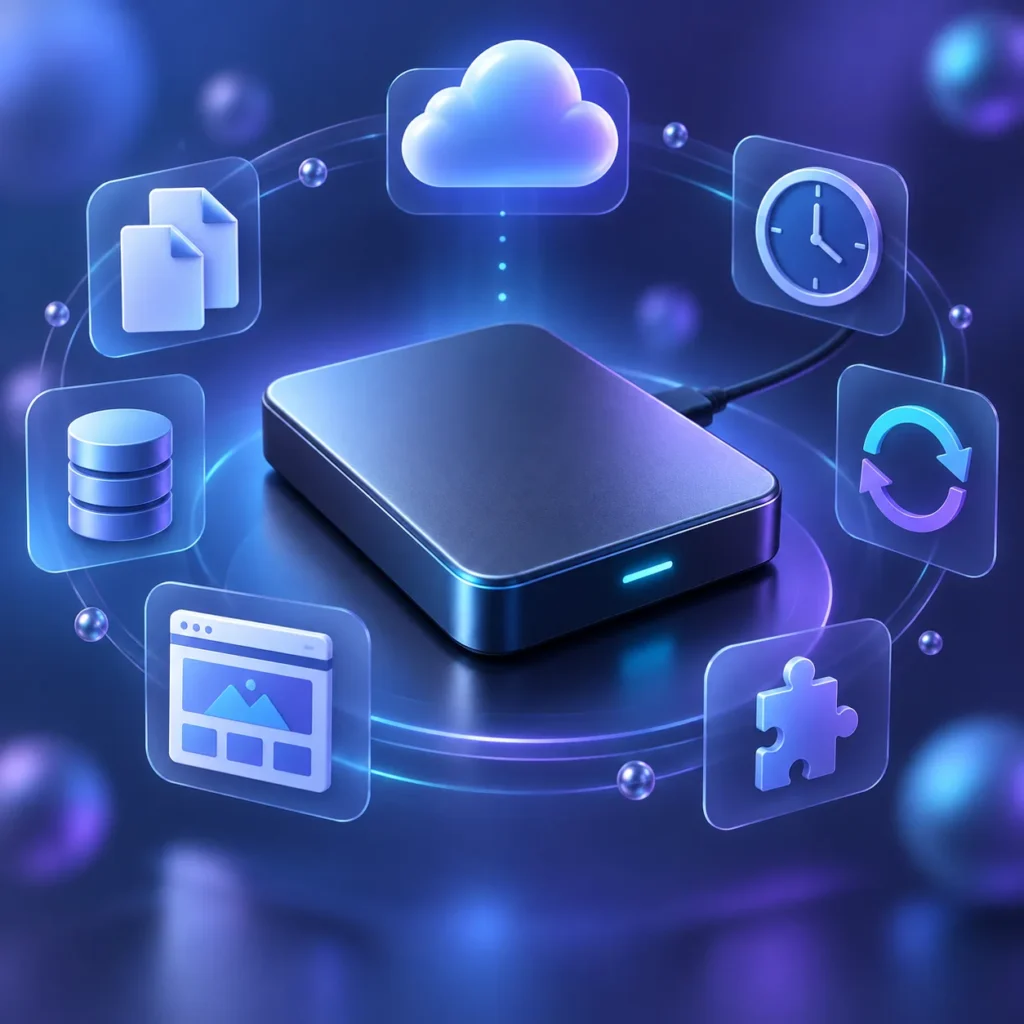 A sleek external hard drive symbolizing a WordPress backup, surrounded by subtle icons for files, database tables, themes, plugins, cloud storage, a c...