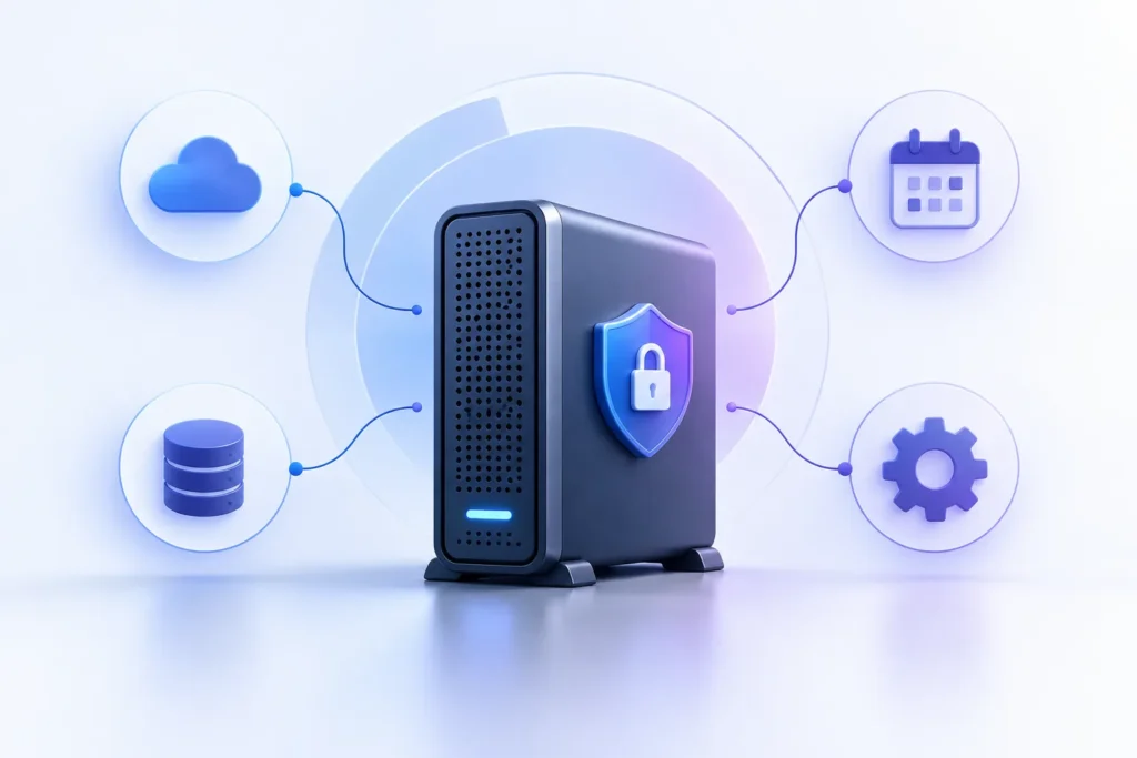 Create a clean, modern featured image showing a single secure server backup drive with a subtle WordPress-style circular motif, connected to small clo...